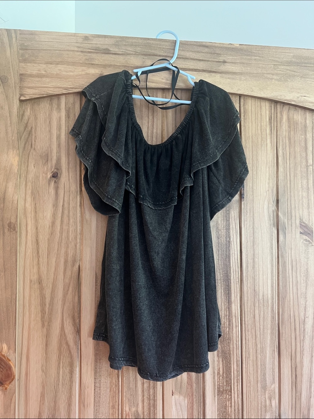 She + Sky Washed Black Off-Shoulder Ruffle Tunic